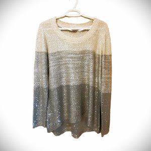 BELLDINI Stunning Sparkle Crochet like sweater cream grey taupe Sz L EUC